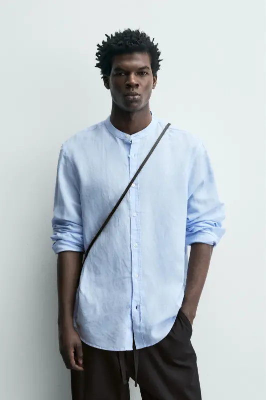 PAMUKLU KETEN GÖMLEK-Gök mavisi - 2