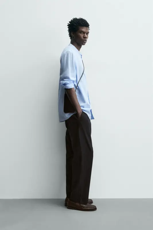 PAMUKLU KETEN GÖMLEK-Gök mavisi - 4