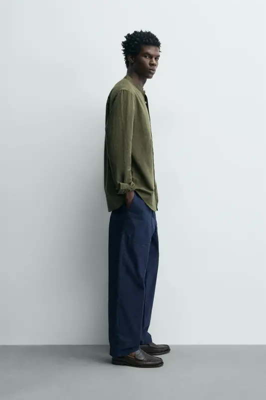 PAMUKLU KETEN GÖMLEK-Haki - 4