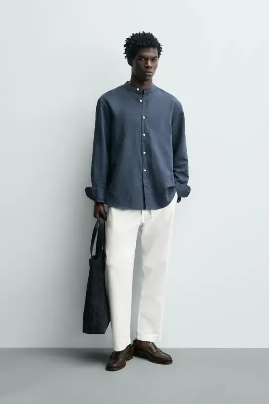 PAMUKLU KETEN GÖMLEK-Koyu mavi - ZARA