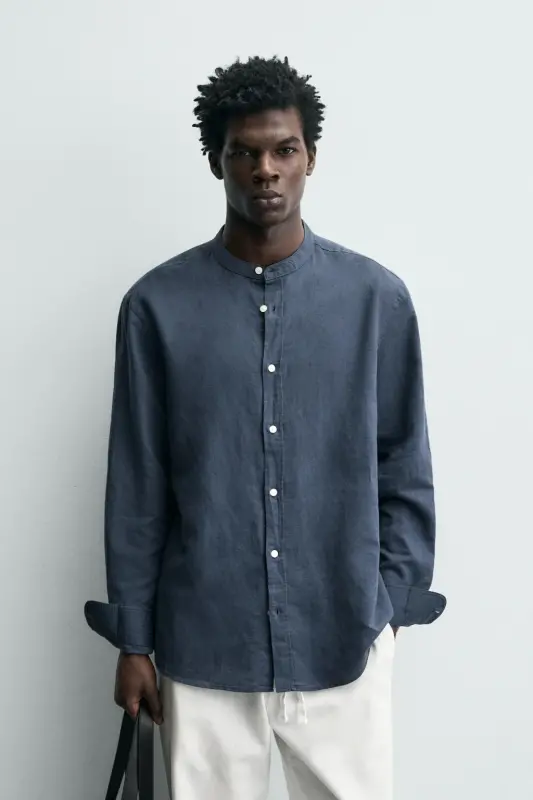 PAMUKLU KETEN GÖMLEK-Koyu mavi - 2