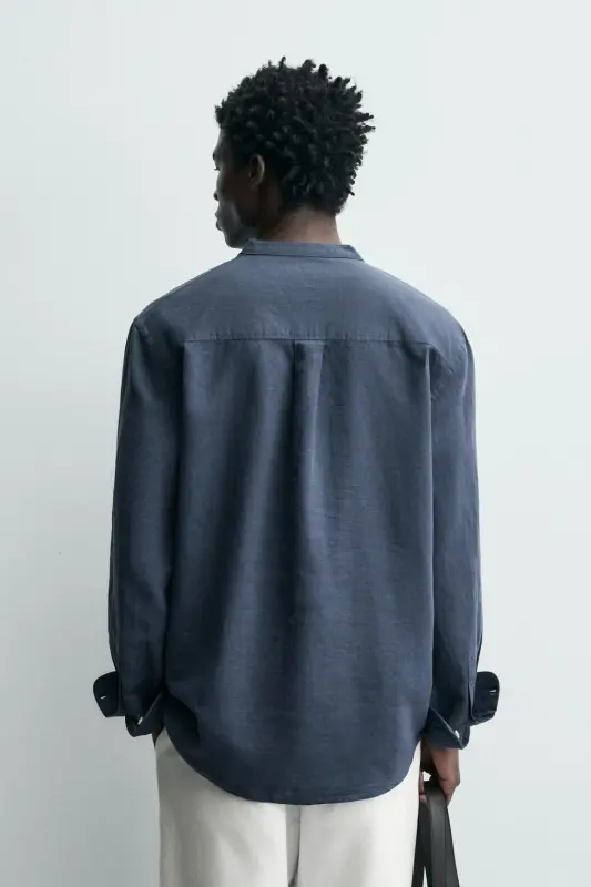 PAMUKLU KETEN GÖMLEK-Koyu mavi - 3