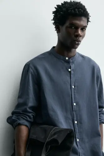 PAMUKLU KETEN GÖMLEK-Koyu mavi - 5