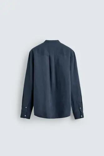 PAMUKLU KETEN GÖMLEK-Koyu mavi - 7