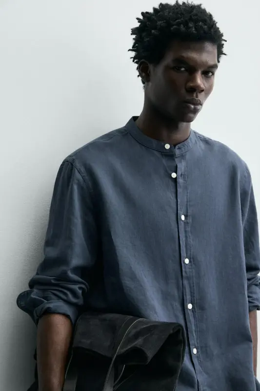 PAMUKLU KETEN GÖMLEK-Koyu mavi - 5