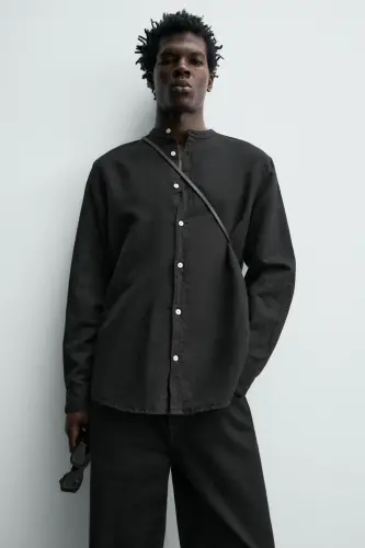 PAMUKLU KETEN GÖMLEK-Siyah - 5