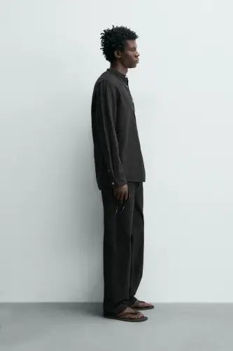 PAMUKLU KETEN GÖMLEK-Siyah - 4