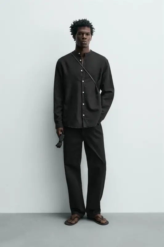 PAMUKLU KETEN GÖMLEK-Siyah - ZARA