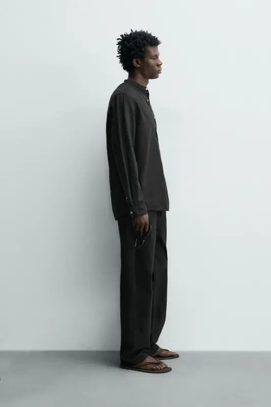 PAMUKLU KETEN GÖMLEK-Siyah - 4