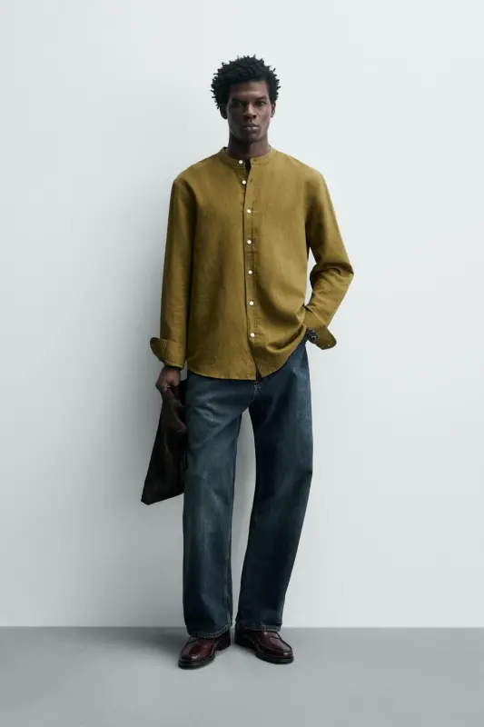 PAMUKLU KETEN GÖMLEK-Yağ yeşili - 1