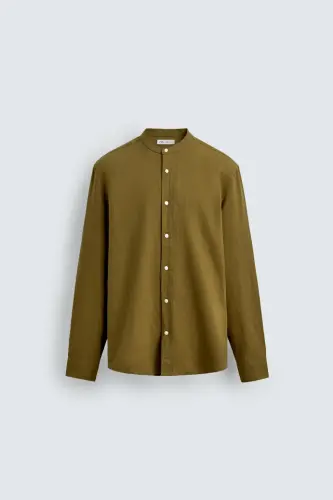 PAMUKLU KETEN GÖMLEK-Yağ yeşili 