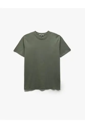 Pamuklu Kısa Kollu Bisiklet Yaka Basic Erkek Slim Fit Tişört - Haki - 1