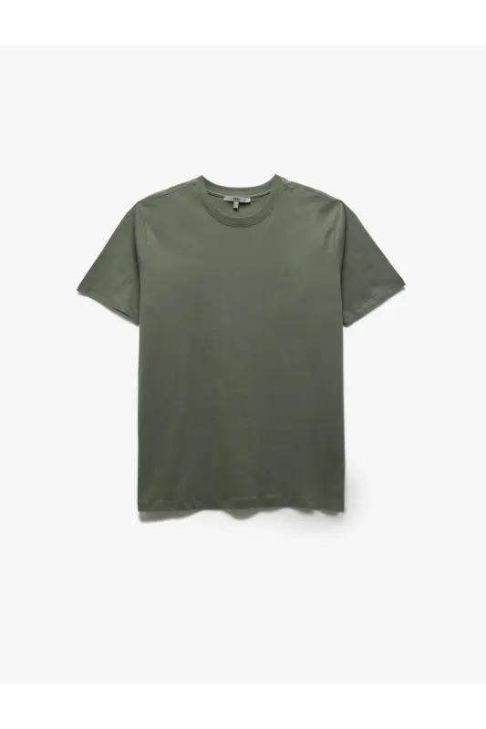 Pamuklu Kısa Kollu Bisiklet Yaka Basic Erkek Slim Fit Tişört - Haki - 1