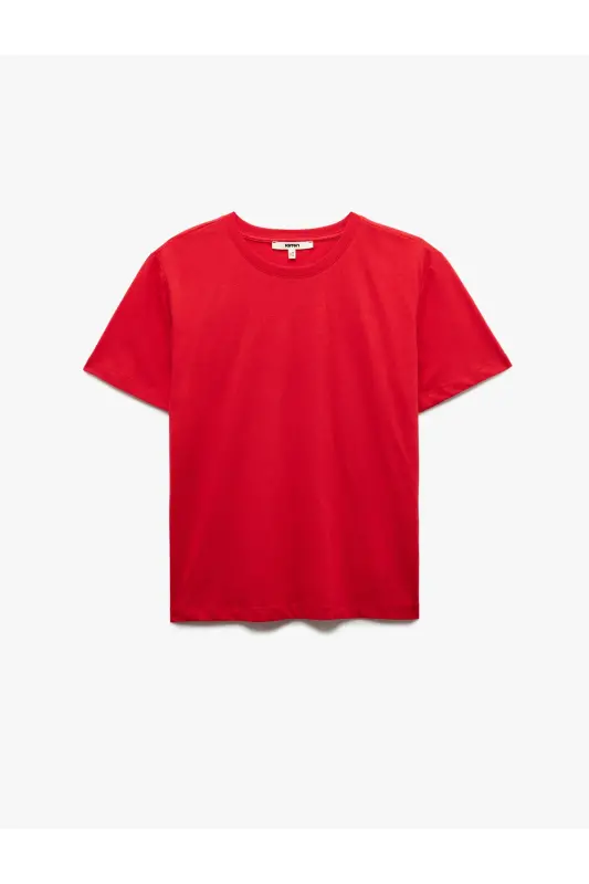 Pamuklu Kısa Kollu Bisiklet Yaka Basic Tişört-Kırmızı - 3