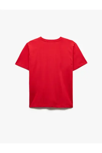 Pamuklu Kısa Kollu Bisiklet Yaka Basic Tişört-Kırmızı - 4