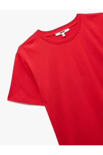 Pamuklu Kısa Kollu Bisiklet Yaka Basic Tişört-Kırmızı - 5