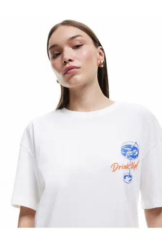 Pamuklu Kısa Kollu Bisiklet Yaka Baskılı Oversize Tişört - Ekru - 1