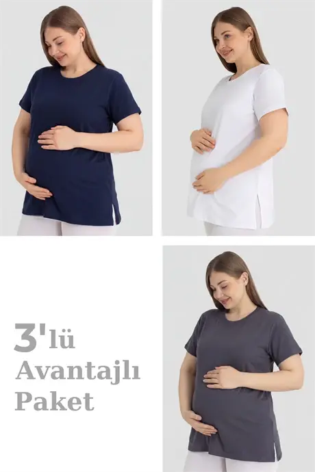 Pamuklu Kısa Kollu Hamile Tişört 3'lü Paket – Yumuşak ve Rahat Hamile Giyim - BÜYÜKBEDENIZ