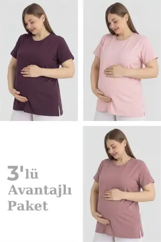 Pamuklu Kısa Kollu Hamile Tişört 3'lü Paket – Yumuşak ve Rahat Hamile Giyim - 1