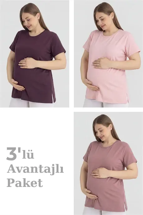 Pamuklu Kısa Kollu Hamile Tişört 3'lü Paket – Yumuşak ve Rahat Hamile Giyim - BÜYÜKBEDENIZ