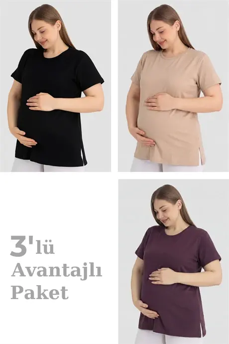 Pamuklu Kısa Kollu Hamile Tişört 3'lü Paket – Yumuşak ve Rahat Hamile Giyim - BÜYÜKBEDENIZ