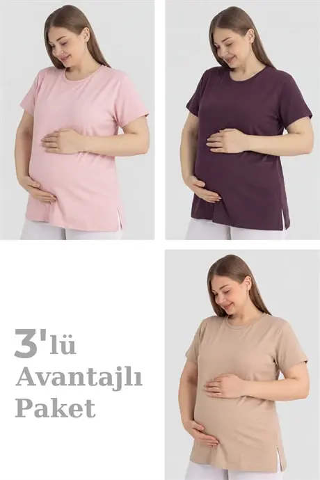 Pamuklu Kısa Kollu Hamile Tişört 3'lü Paket – Yumuşak ve Rahat Hamile Giyim - BÜYÜKBEDENIZ