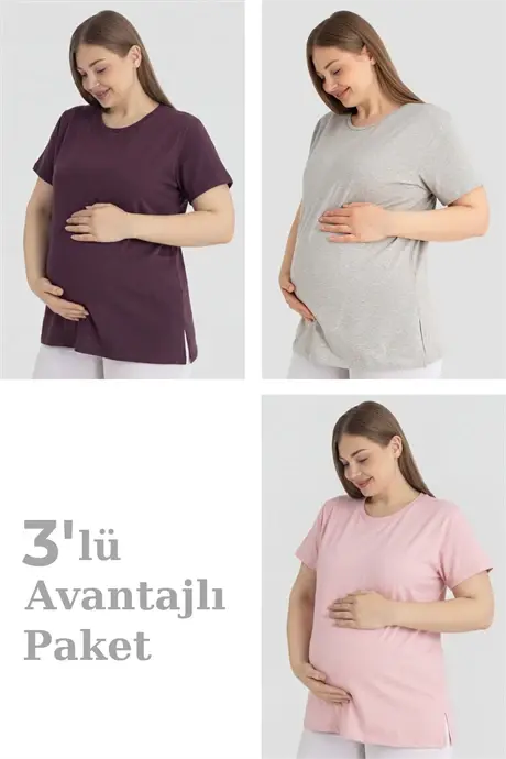 Pamuklu Kısa Kollu Hamile Tişört 3'lü Paket – Yumuşak ve Rahat Hamile Giyim - BÜYÜKBEDENIZ