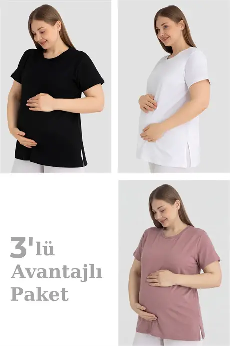Pamuklu Kısa Kollu Hamile Tişört 3'lü Paket – Yumuşak ve Rahat Hamile Giyim - BÜYÜKBEDENIZ