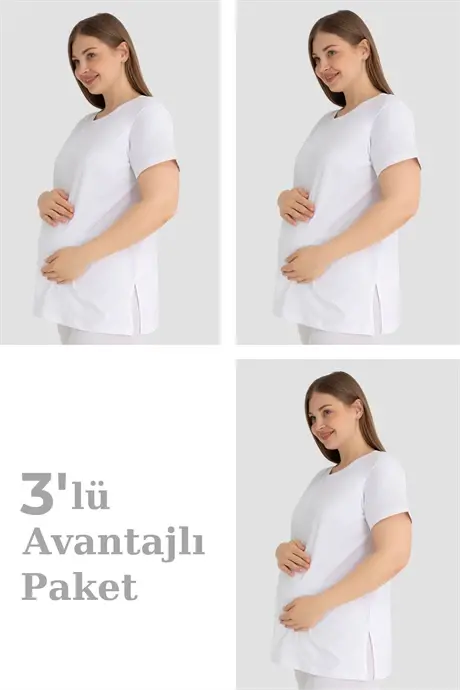 Pamuklu Kısa Kollu Hamile Tişört Beyaz 3'lü Paket – Yumuşak ve Rahat Hamile Giyim - BÜYÜKBEDENIZ