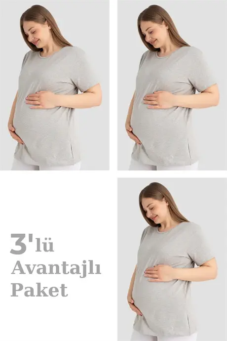Pamuklu Kısa Kollu Hamile Tişört Gri 3'lü Paket – Yumuşak ve Rahat Hamile Giyim - BÜYÜKBEDENIZ