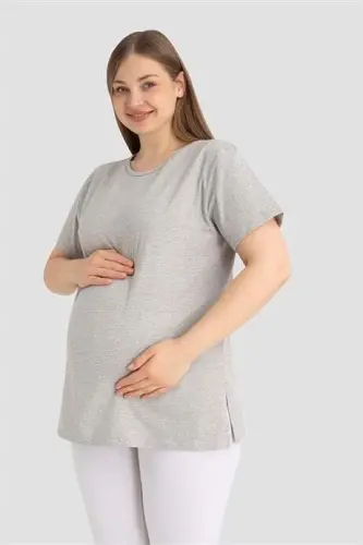 Pamuklu Kısa Kollu Hamile Tişört Gri 3'lü Paket – Yumuşak ve Rahat Hamile Giyim - BÜYÜKBEDENIZ (1)