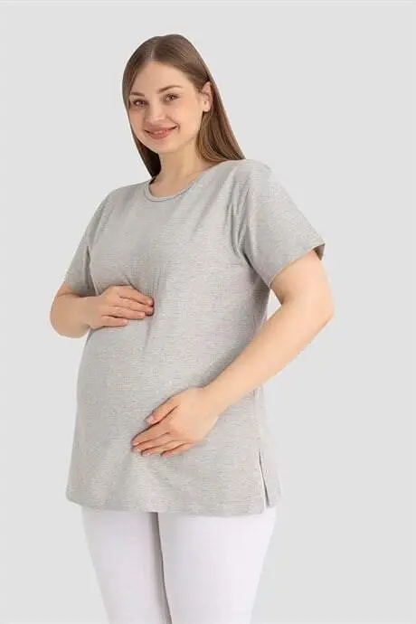 Pamuklu Kısa Kollu Hamile Tişört Gri 3'lü Paket – Yumuşak ve Rahat Hamile Giyim - 2