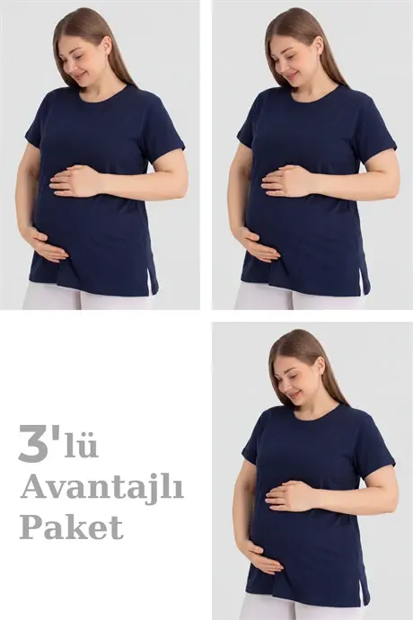 Pamuklu Kısa Kollu Hamile Tişört Lacivert 3'lü Paket – Yumuşak ve Rahat Hamile Giyim - BÜYÜKBEDENIZ