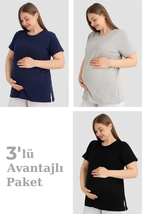 Pamuklu Kısa Kollu Hamile Tişört Renkli 3'lü Paket – Yumuşak ve Rahat Hamile Giyim - BÜYÜKBEDENIZ