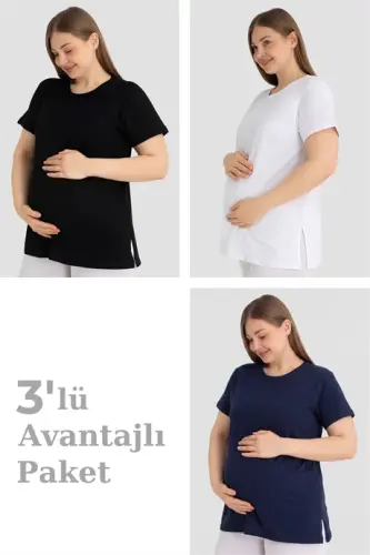 Pamuklu Kısa Kollu Hamile Tişört Renkli 3'lü Paket – Yumuşak ve Rahat Hamile Giyim - 1