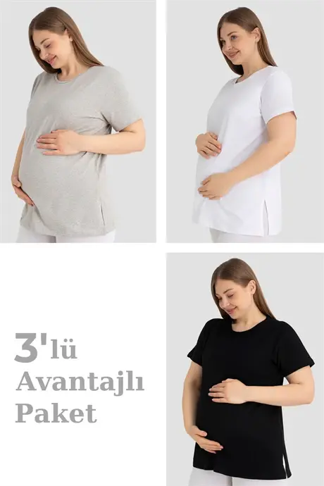 Pamuklu Kısa Kollu Hamile Tişört Renkli 3'lü Paket – Yumuşak ve Rahat Hamile Giyim - BÜYÜKBEDENIZ