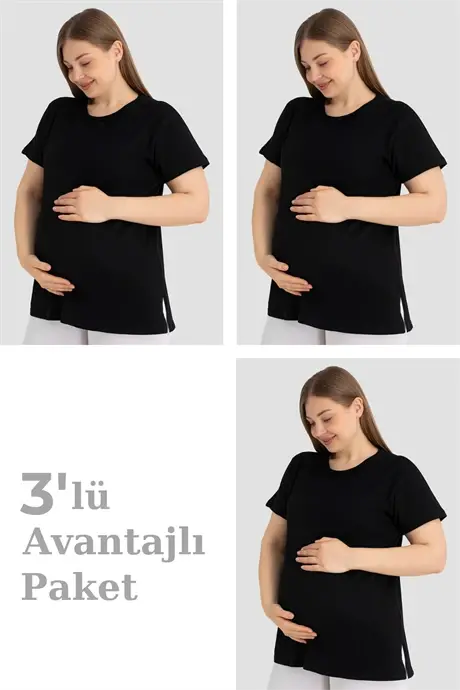 Pamuklu Kısa Kollu Hamile Tişört Siyah 3'lü Paket – Yumuşak ve Rahat Hamile Giyim - 1