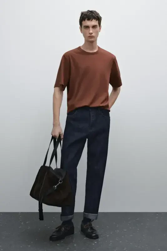 Pamuklu kısa kollu t-shirt-Karamel rengi - MASSIMO DUTTI