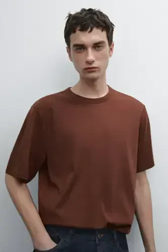 Pamuklu kısa kollu t-shirt-Karamel rengi - MASSIMO DUTTI (1)