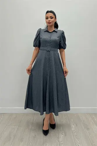 Cotton Kumaş Düğme Detaylı Gömlek Elbise - GRİ - 1