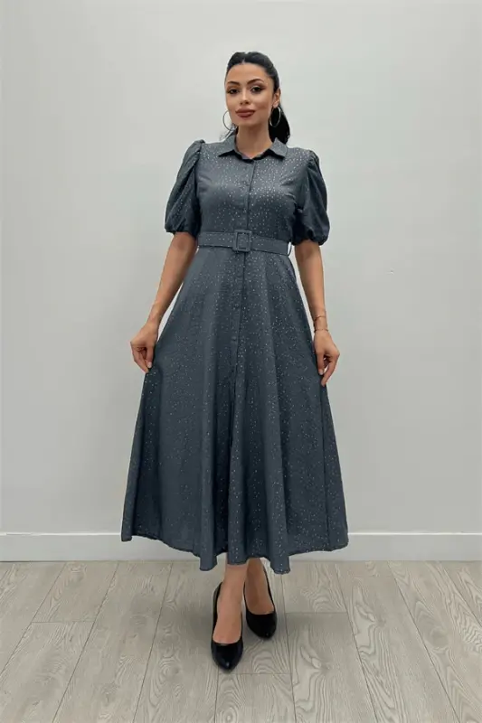 Cotton Kumaş Düğme Detaylı Gömlek Elbise - GRİ - BÜYÜKBEDENIZ