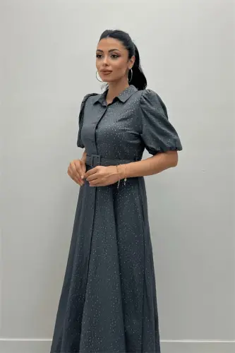 Cotton Kumaş Düğme Detaylı Gömlek Elbise - GRİ - 3