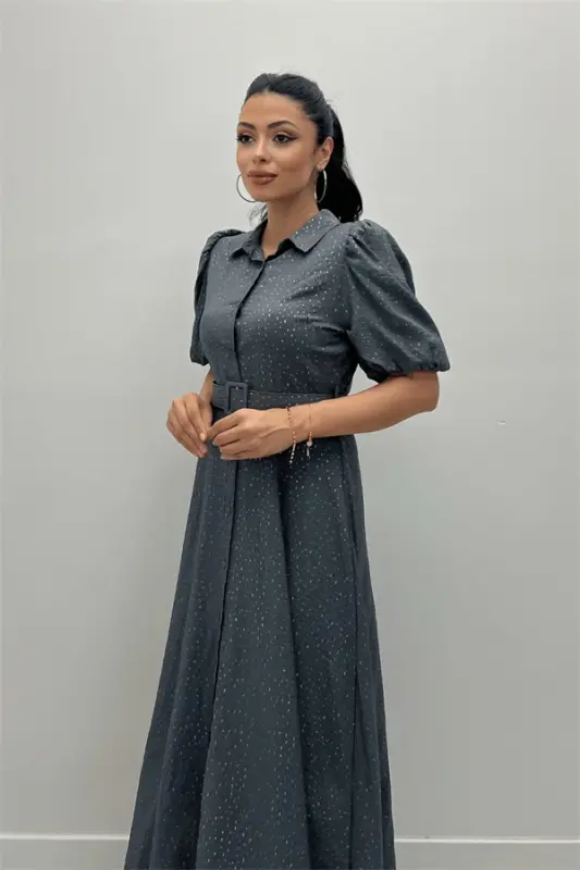 Cotton Kumaş Düğme Detaylı Gömlek Elbise - GRİ - 3