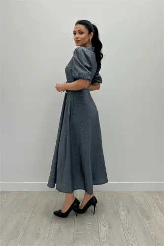 Cotton Kumaş Düğme Detaylı Gömlek Elbise - GRİ - 4