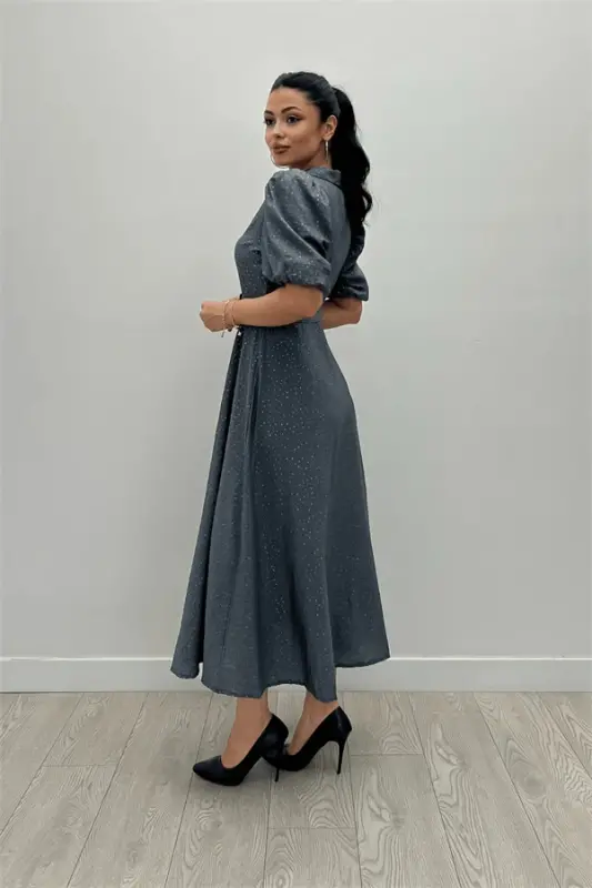 Cotton Kumaş Düğme Detaylı Gömlek Elbise - GRİ - 4