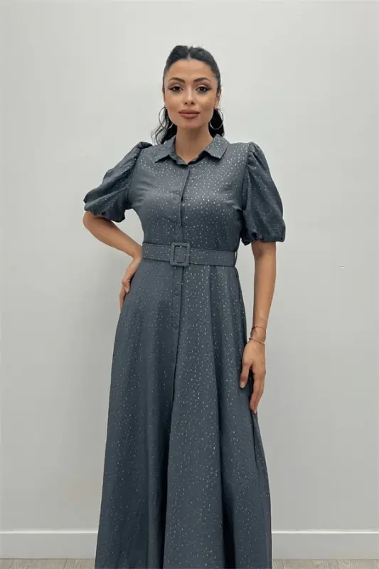 Cotton Kumaş Düğme Detaylı Gömlek Elbise - GRİ - 5