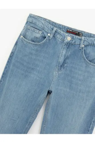 Pamuklu Normal Bel Cep Detaylı Vintage Straight Fit Jean Pantolon-İndigo - 6