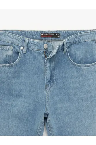 Pamuklu Normal Bel Cep Detaylı Vintage Straight Fit Jean Pantolon-İndigo - 7