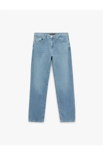 Pamuklu Normal Bel Cep Detaylı Vintage Straight Fit Jean Pantolon-Orta İndigo - 4