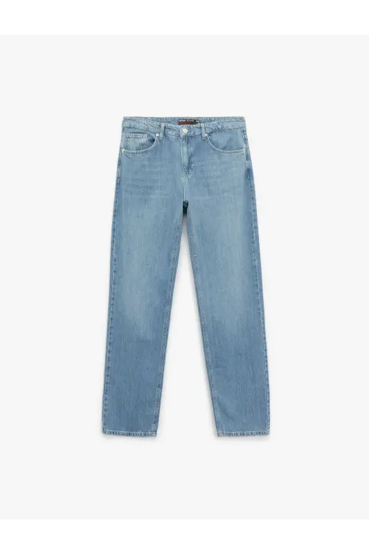Pamuklu Normal Bel Cep Detaylı Vintage Straight Fit Jean Pantolon-Orta İndigo - 4